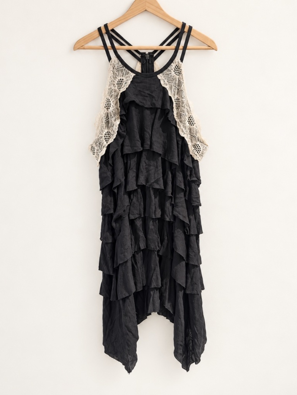 Free People Black Lace Tiered Ruffle Tunic Top S
